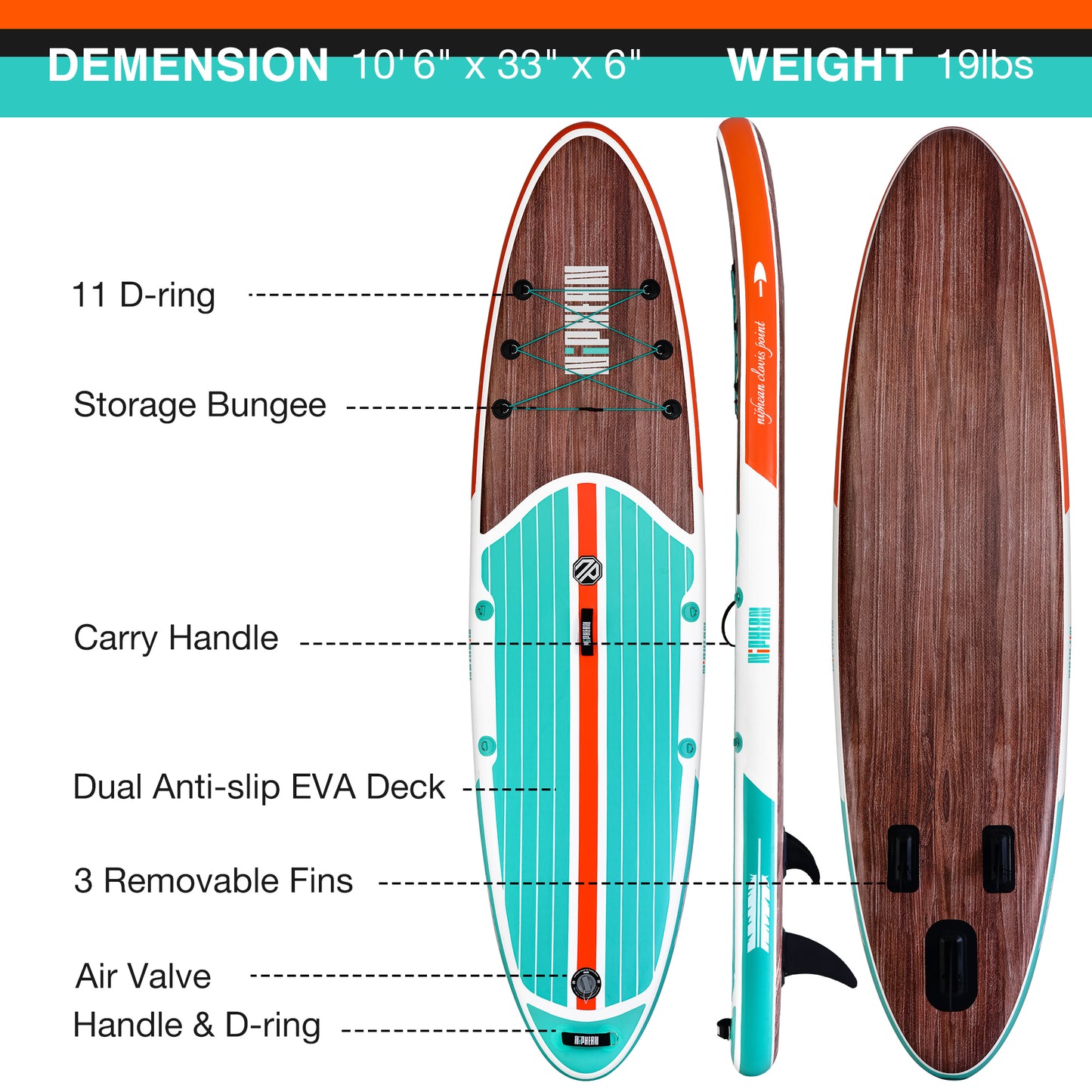 Niphean 10’6’’ Inflatable Stand Up Paddle Board 04A with SUP Accessories