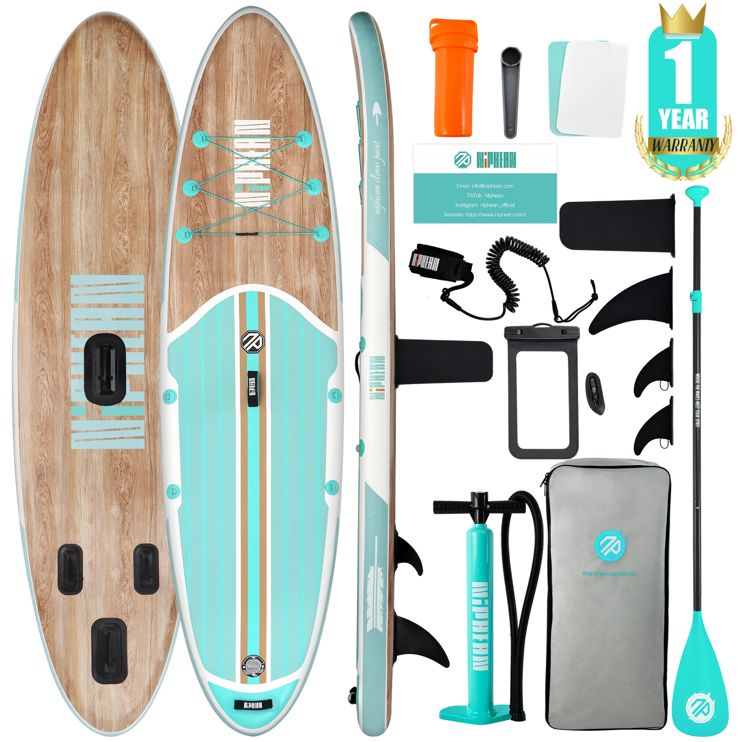 Niphean 10'6" (320cm) Inflatable Paddle Boards Set - Cool Mint Wood