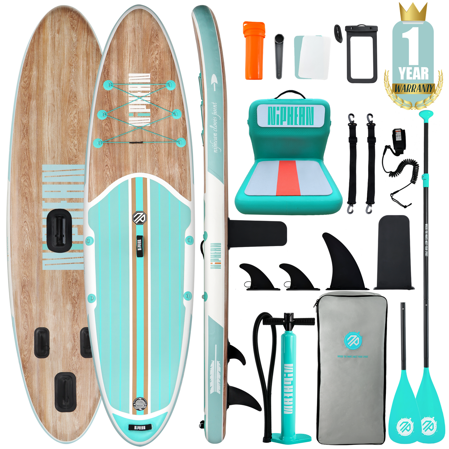 Niphean 10'6" (320cm) Inflatable Paddle Boards Set - Cool Mint Wood